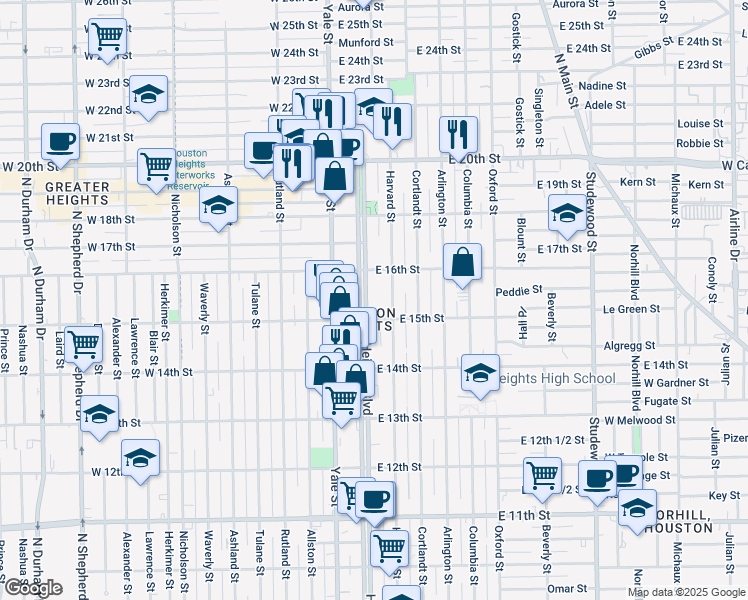map of restaurants, bars, coffee shops, grocery stores, and more near 1519 Harvard Street in Houston