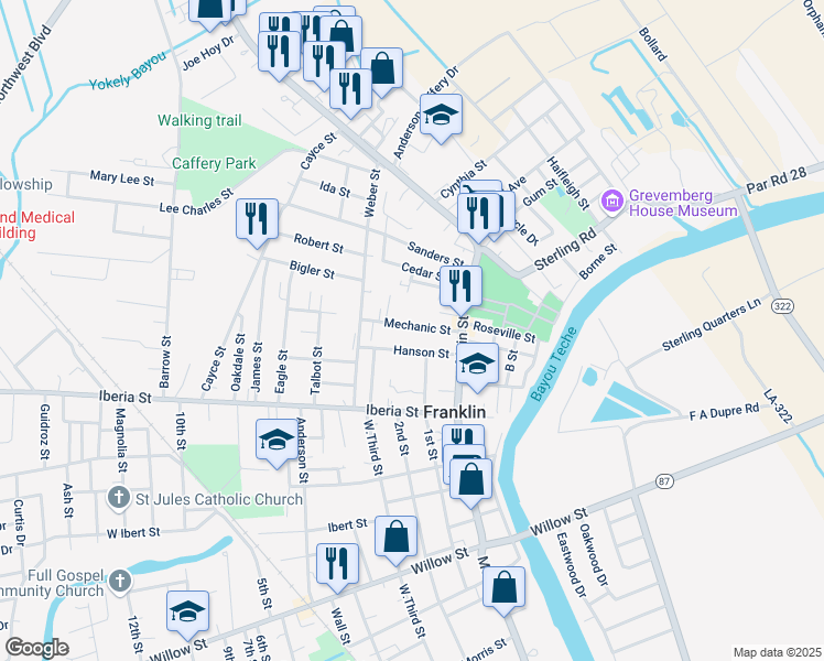 map of restaurants, bars, coffee shops, grocery stores, and more near 221 Mechanic Street in Franklin
