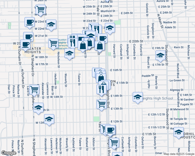 map of restaurants, bars, coffee shops, grocery stores, and more near 1528 Allston Street in Houston