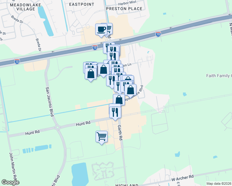 map of restaurants, bars, coffee shops, grocery stores, and more near 6615 Garth Road in Baytown