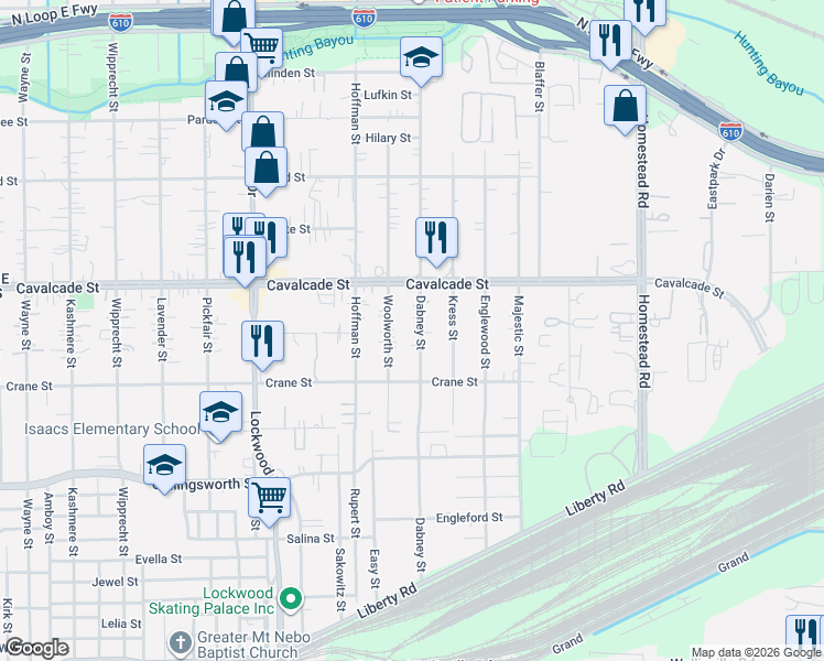 map of restaurants, bars, coffee shops, grocery stores, and more near 4202 Woolworth Street in Houston