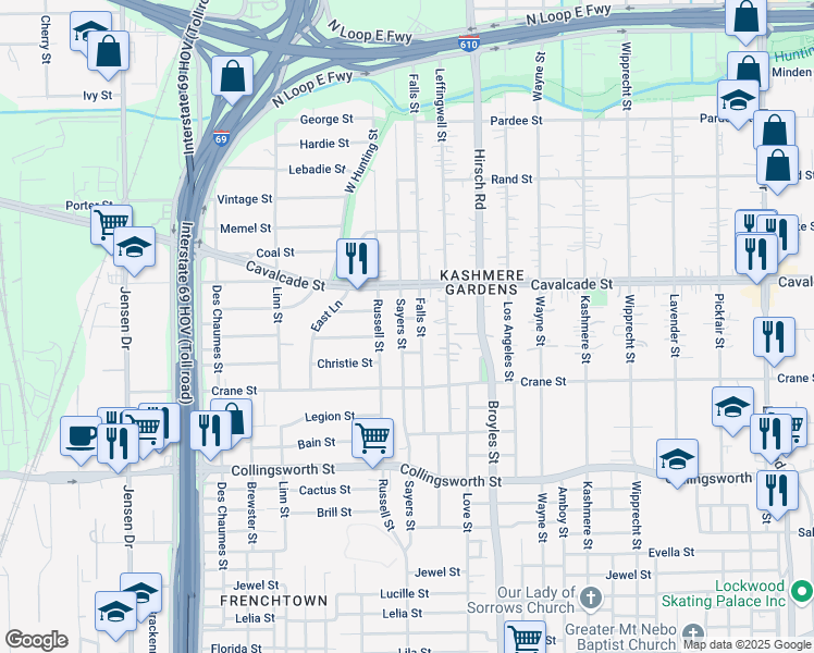 map of restaurants, bars, coffee shops, grocery stores, and more near 4128 Sayers Street in Houston