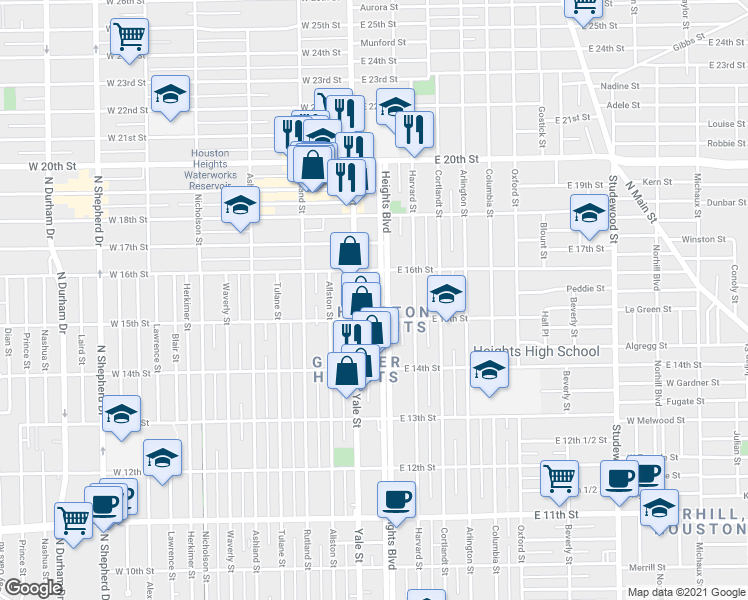 map of restaurants, bars, coffee shops, grocery stores, and more near 1522 Yale Street in Houston