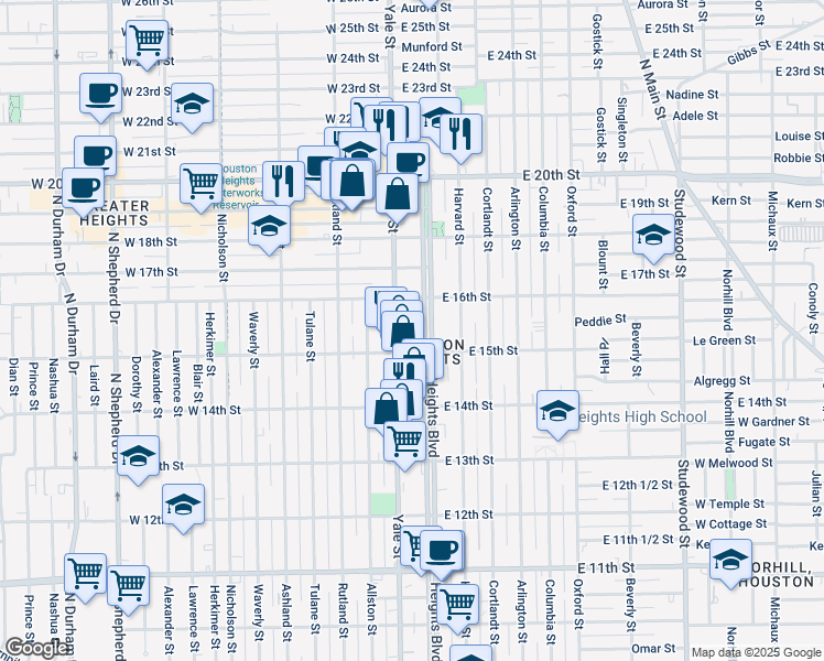 map of restaurants, bars, coffee shops, grocery stores, and more near 1522 Yale Street in Houston