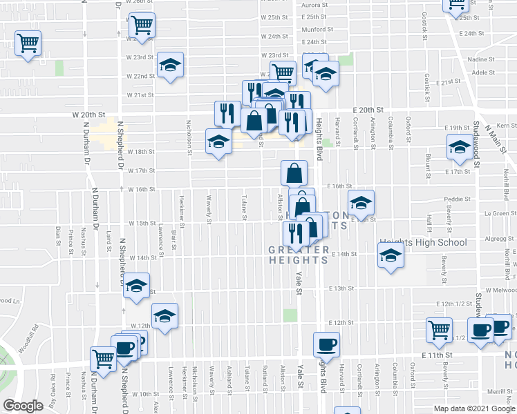map of restaurants, bars, coffee shops, grocery stores, and more near 1527 Rutland Street in Houston
