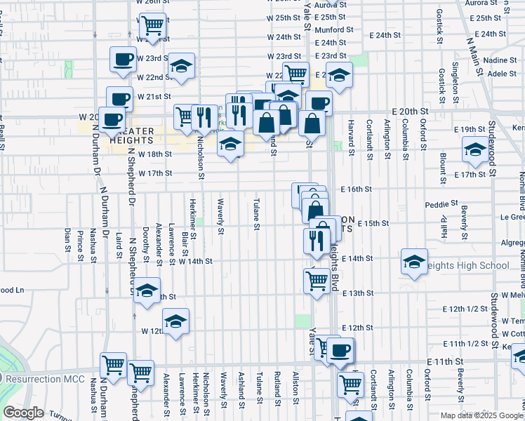 map of restaurants, bars, coffee shops, grocery stores, and more near 1527 Rutland Street in Houston