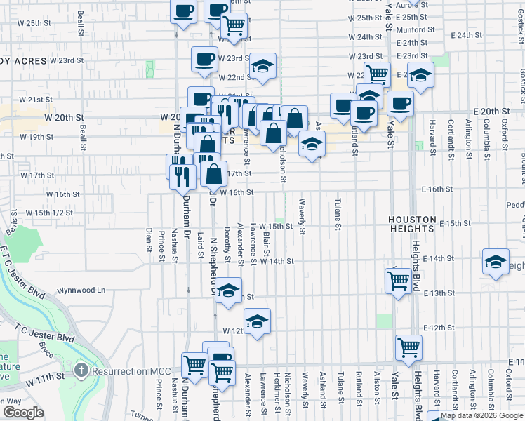 map of restaurants, bars, coffee shops, grocery stores, and more near 1538 Lawrence Street in Houston