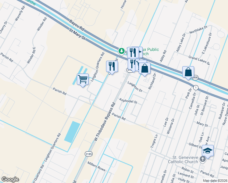 map of restaurants, bars, coffee shops, grocery stores, and more near 101 Burns Plaza in Thibodaux