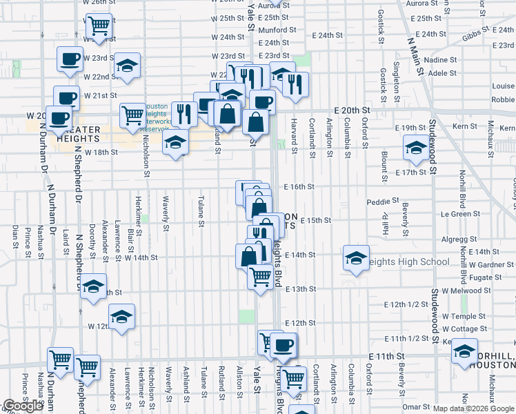 map of restaurants, bars, coffee shops, grocery stores, and more near 1520 Yale Street in Houston