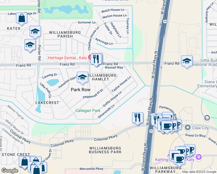 map of restaurants, bars, coffee shops, grocery stores, and more near 23939 Pepperrell Place Street in Katy