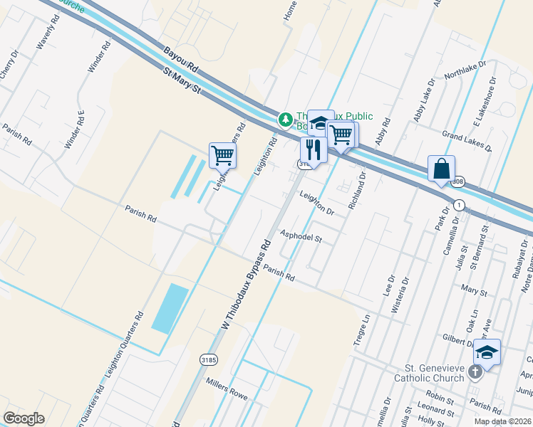 map of restaurants, bars, coffee shops, grocery stores, and more near 101-199 Burns Plaza in Thibodaux
