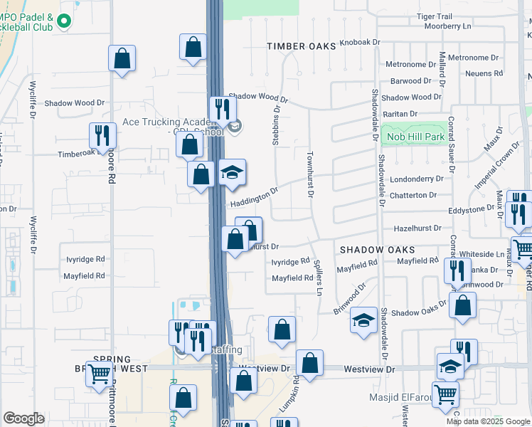 map of restaurants, bars, coffee shops, grocery stores, and more near Stebbins Circle in Houston
