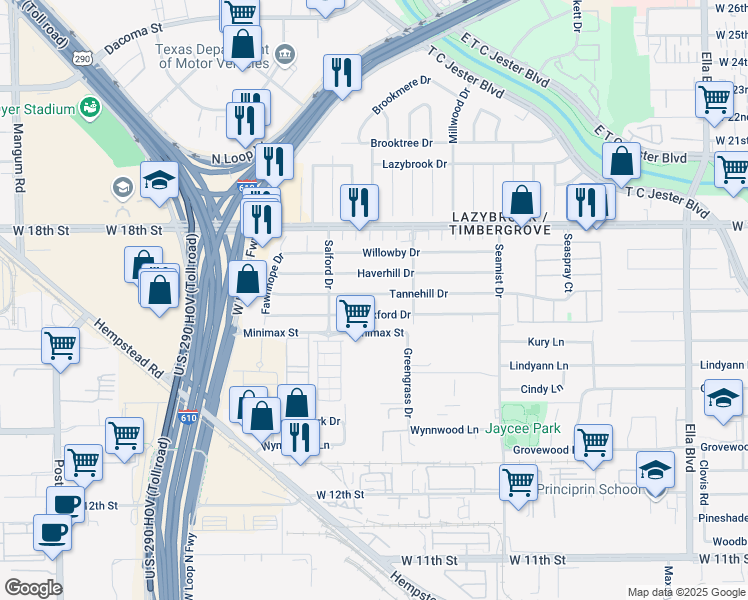 map of restaurants, bars, coffee shops, grocery stores, and more near 2430 Tannehill Drive in Houston