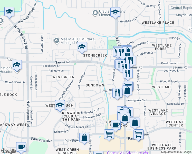 map of restaurants, bars, coffee shops, grocery stores, and more near 20003 Fort Bridger Drive in Katy