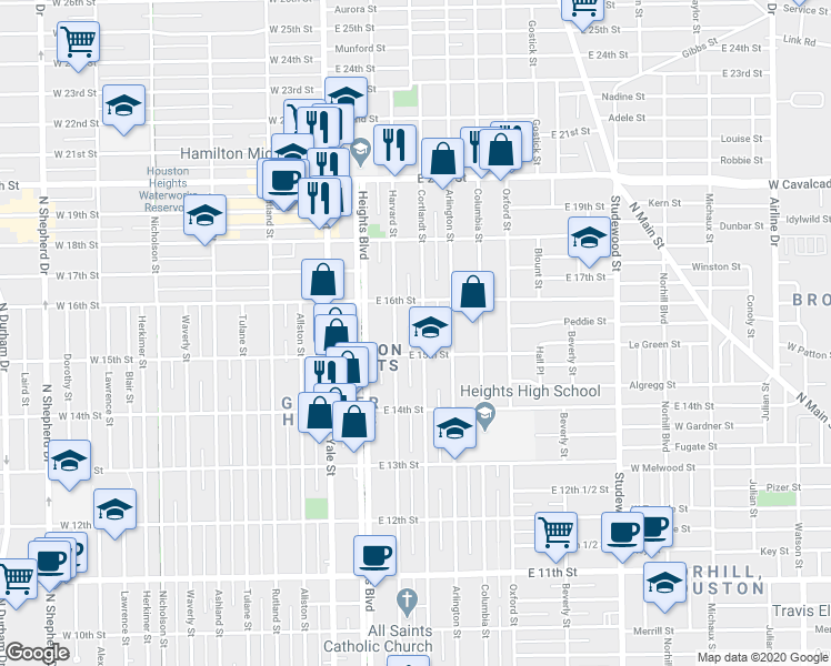 map of restaurants, bars, coffee shops, grocery stores, and more near 1515 Cortlandt Street in Houston