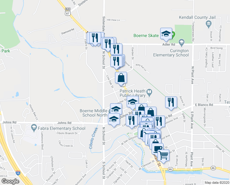 map of restaurants, bars, coffee shops, grocery stores, and more near 399 Live Oak Street in Boerne