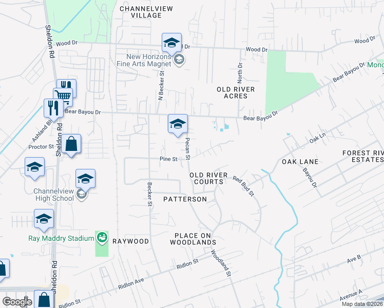 map of restaurants, bars, coffee shops, grocery stores, and more near 1209 Pecan Street in Channelview