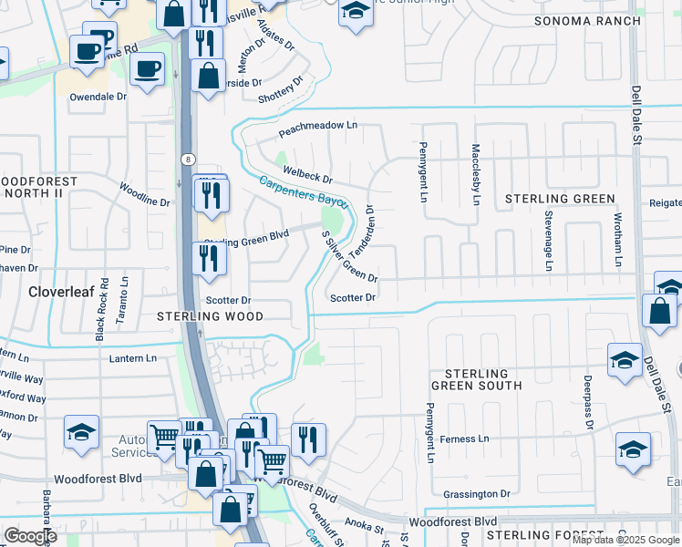 map of restaurants, bars, coffee shops, grocery stores, and more near 1334 Tenderden Drive in Channelview