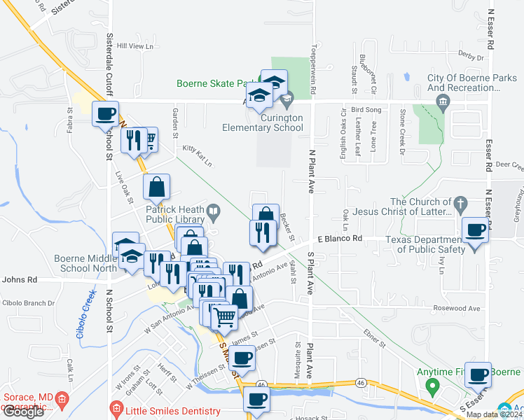 map of restaurants, bars, coffee shops, grocery stores, and more near 199 Autumn Ridge in Boerne