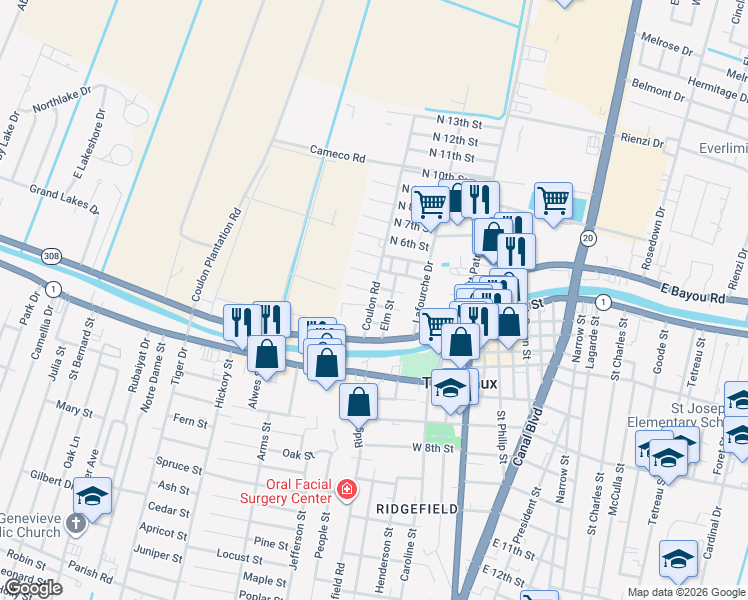 map of restaurants, bars, coffee shops, grocery stores, and more near 285 Coulon Road in Thibodaux
