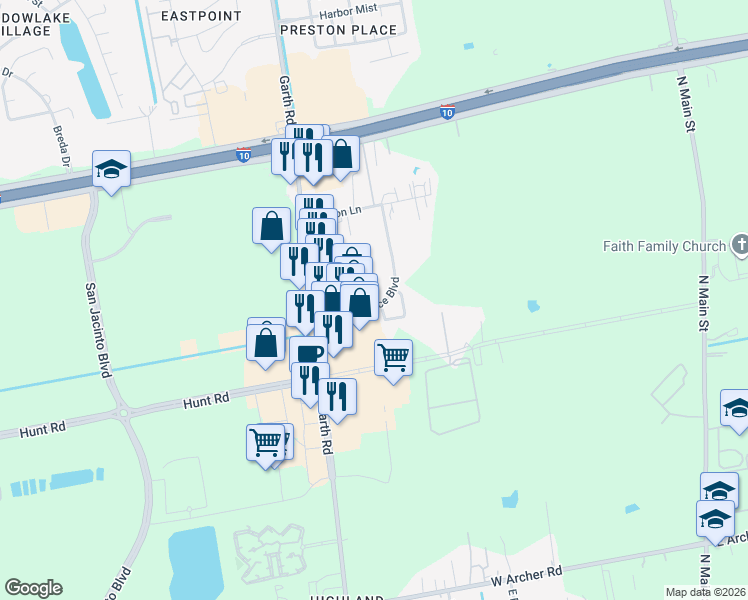 map of restaurants, bars, coffee shops, grocery stores, and more near 6607 Independence Boulevard in Baytown