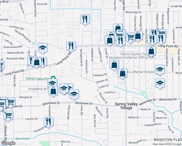 map of restaurants, bars, coffee shops, grocery stores, and more near 1609 Hollister Street in Houston