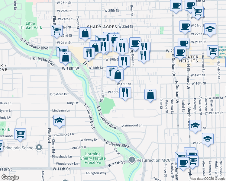 map of restaurants, bars, coffee shops, grocery stores, and more near 1227 West 15th 1/2 Street in Houston