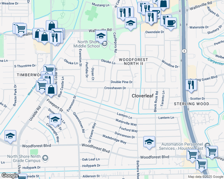 map of restaurants, bars, coffee shops, grocery stores, and more near 203 Castlegory Road in Houston