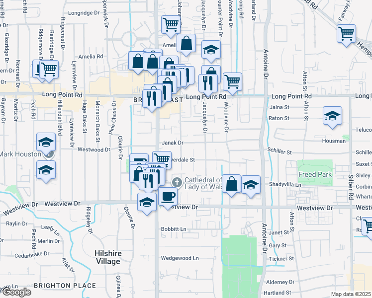 map of restaurants, bars, coffee shops, grocery stores, and more near 1528 Johanna Drive in Houston