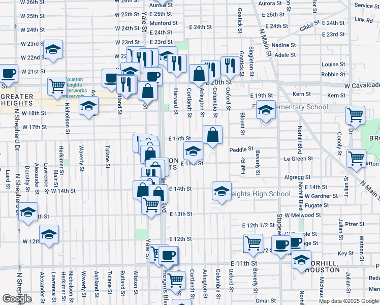 map of restaurants, bars, coffee shops, grocery stores, and more near 1515 Cortlandt Street in Houston