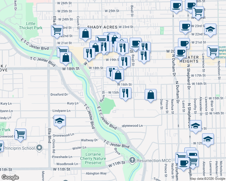 map of restaurants, bars, coffee shops, grocery stores, and more near 1227 West 15th 1/2 Street in Houston