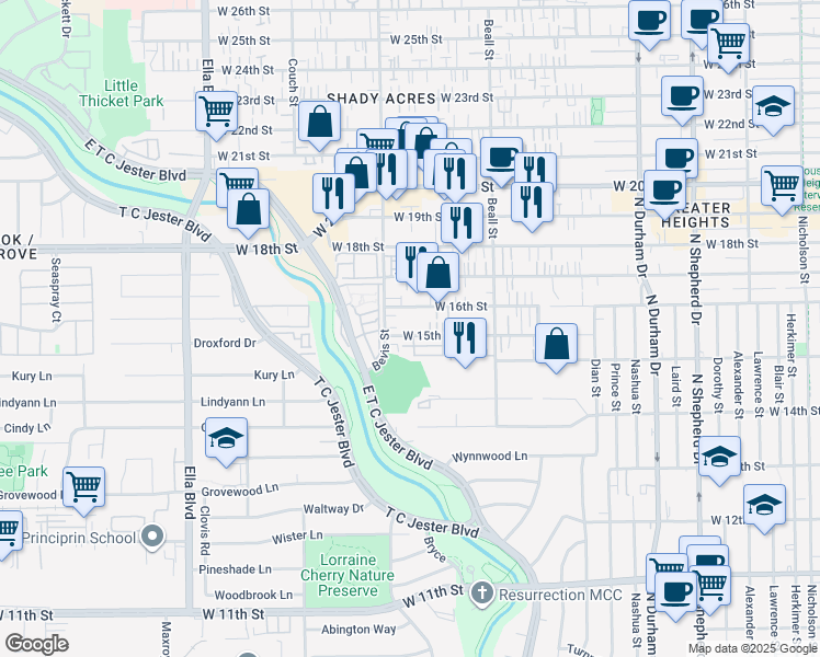 map of restaurants, bars, coffee shops, grocery stores, and more near 1227 West 15th 1/2 Street in Houston