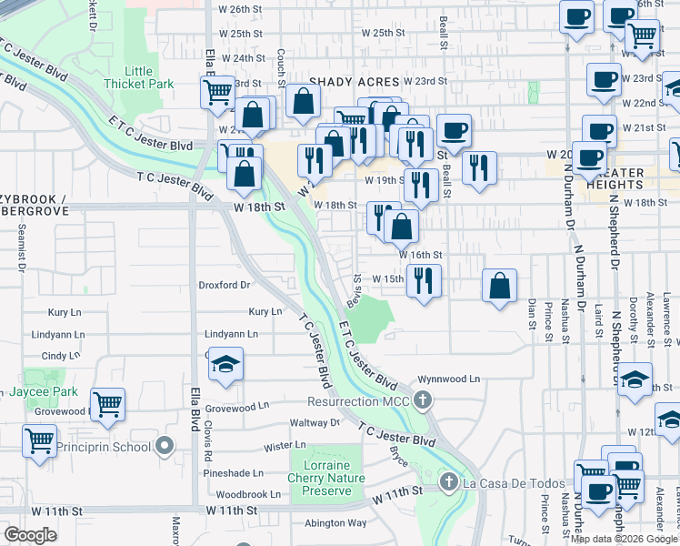 map of restaurants, bars, coffee shops, grocery stores, and more near 1640 East T C Jester Boulevard in Houston