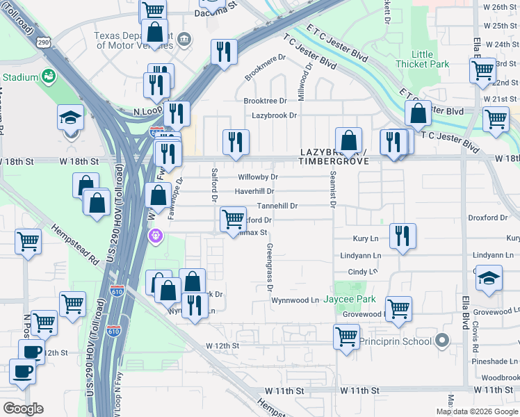 map of restaurants, bars, coffee shops, grocery stores, and more near 2400 Tannehill Drive in Houston