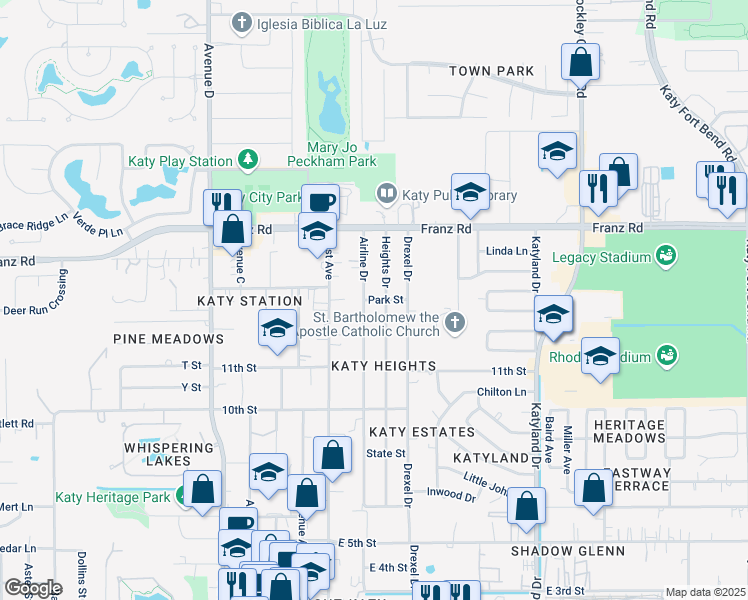 map of restaurants, bars, coffee shops, grocery stores, and more near 1901 Airline Drive in Katy