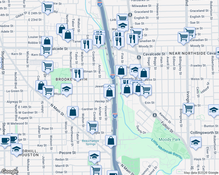 map of restaurants, bars, coffee shops, grocery stores, and more near 603 Jewett Street in Houston