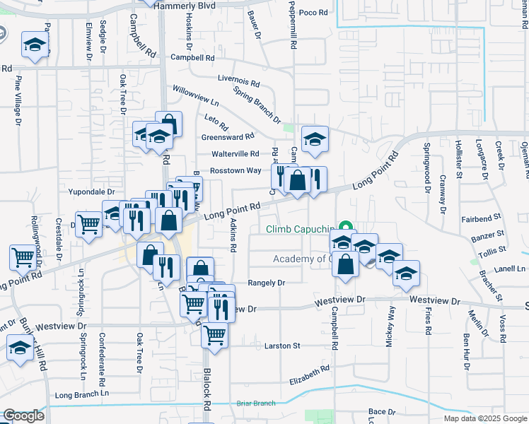 map of restaurants, bars, coffee shops, grocery stores, and more near 9235 Long Point Road in Houston