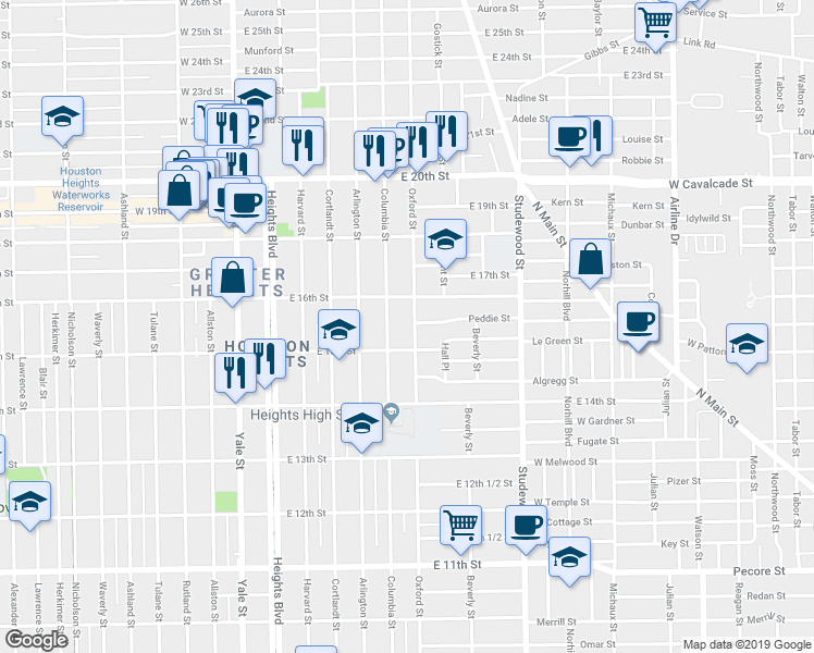 map of restaurants, bars, coffee shops, grocery stores, and more near 1519 Oxford Street in Houston