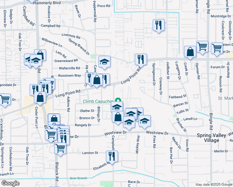 map of restaurants, bars, coffee shops, grocery stores, and more near 1549 Campbell Rd in Houston