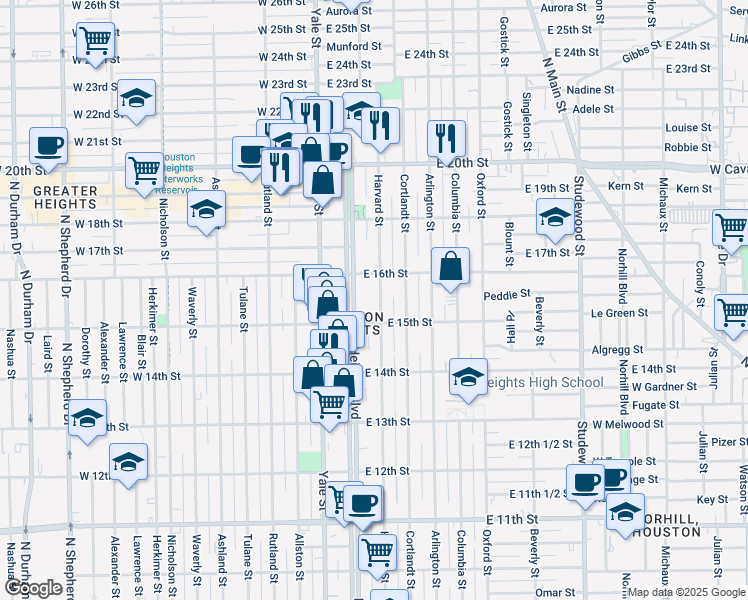 map of restaurants, bars, coffee shops, grocery stores, and more near 1519 Harvard Street in Houston