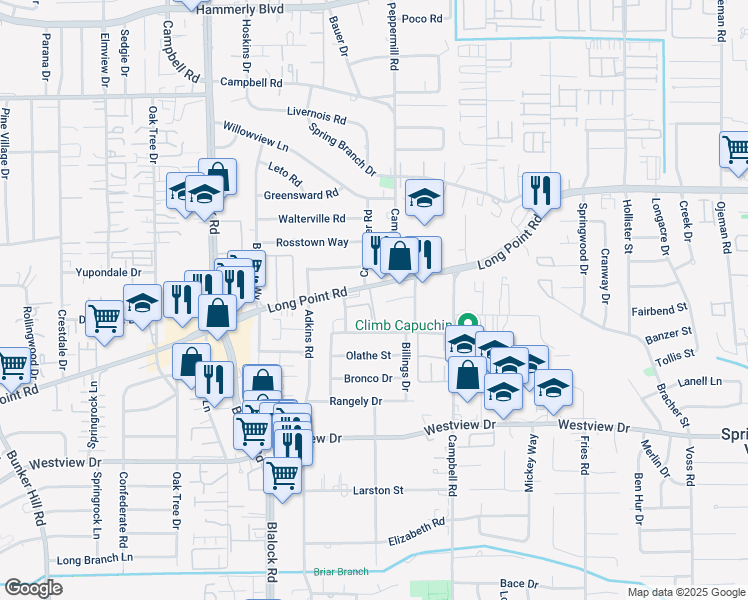 map of restaurants, bars, coffee shops, grocery stores, and more near 9227 Long Point Road in Houston