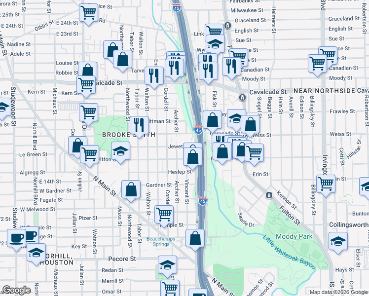 map of restaurants, bars, coffee shops, grocery stores, and more near 603 Jewett Street in Houston