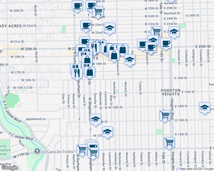 map of restaurants, bars, coffee shops, grocery stores, and more near 1538 Lawrence Street in Houston