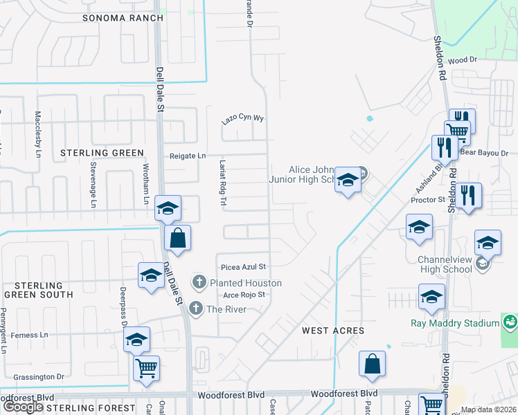 map of restaurants, bars, coffee shops, grocery stores, and more near 15465 Bonita Grulla Way in Channelview