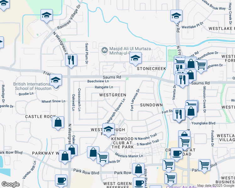 map of restaurants, bars, coffee shops, grocery stores, and more near 20034 Moonflower Lane in Katy