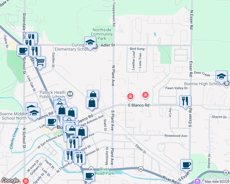 map of restaurants, bars, coffee shops, grocery stores, and more near 134 North Plant Avenue in Boerne
