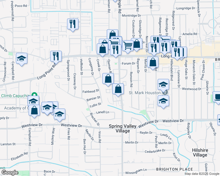 map of restaurants, bars, coffee shops, grocery stores, and more near 8706 Strongoak Lane in Houston