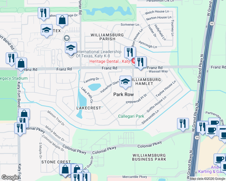 map of restaurants, bars, coffee shops, grocery stores, and more near 1742 Great Meadows Drive in Katy