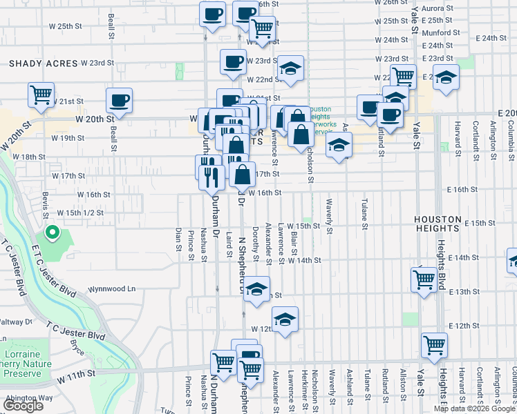 map of restaurants, bars, coffee shops, grocery stores, and more near 1534 Dorothy Street in Houston