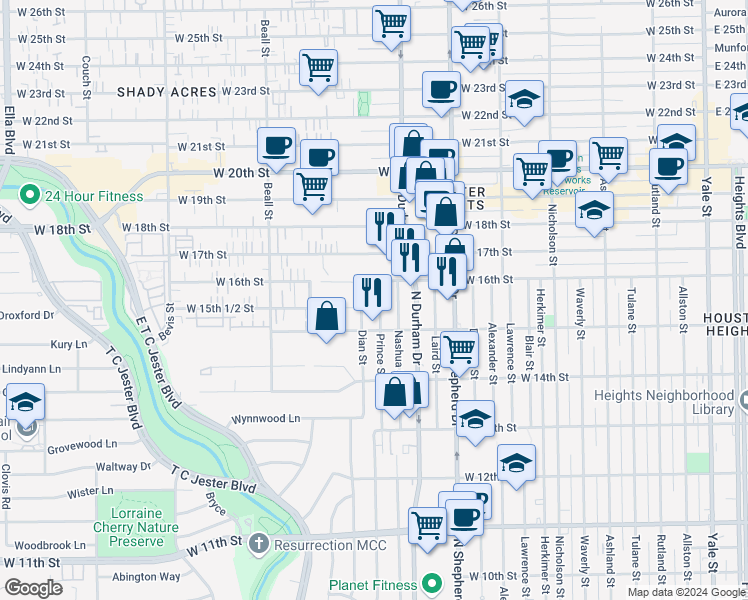 map of restaurants, bars, coffee shops, grocery stores, and more near 1523 Prince Street in Houston